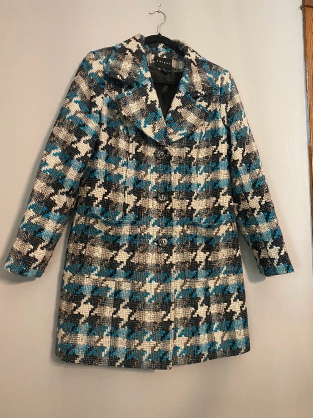 Tribal Teal Black White Houndstooth Pea Coat